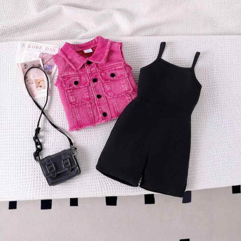 セットアップ キッズ 女の子 ガールズ シングルボタン デニムベスト ジレ 無地 半袖 ショートパンツ オールインワン サロペット 綿 コットン 薄手 柔らかい 春夏 普段着 お出かけ カジュアル 上下セット