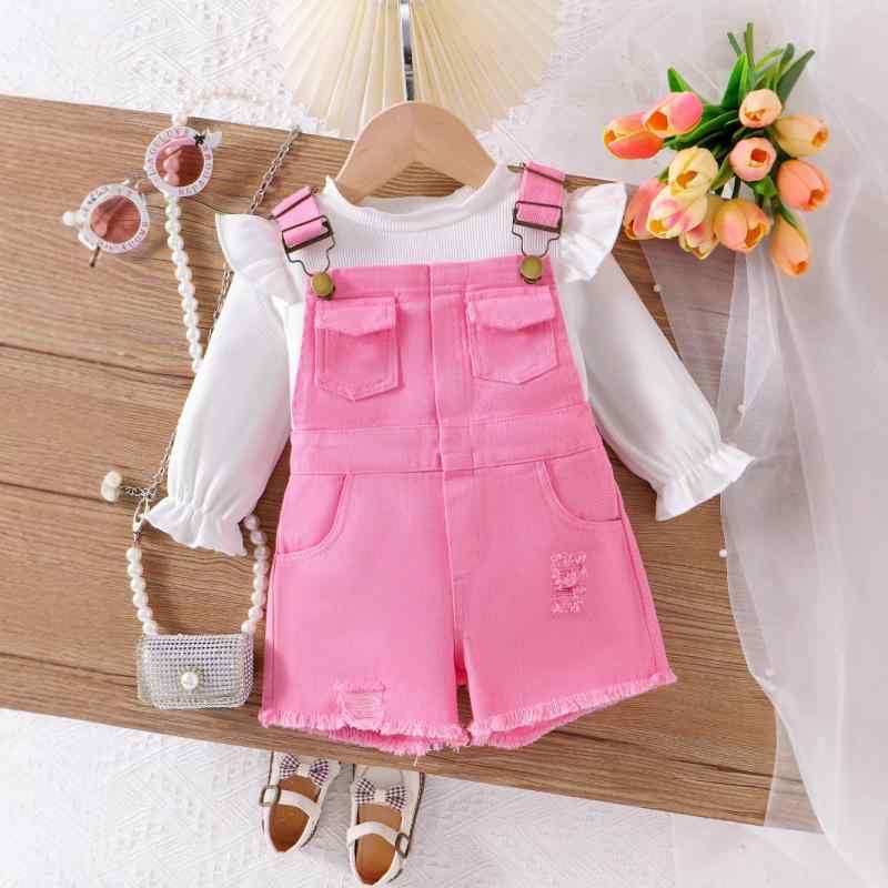 セットアップ 女の子 上下セット 欧米風 長袖 フリル袖 トップス ピンク サロペット ショートパンツ コットン かわいい カジュアル 秋冬 普段使い 子供服