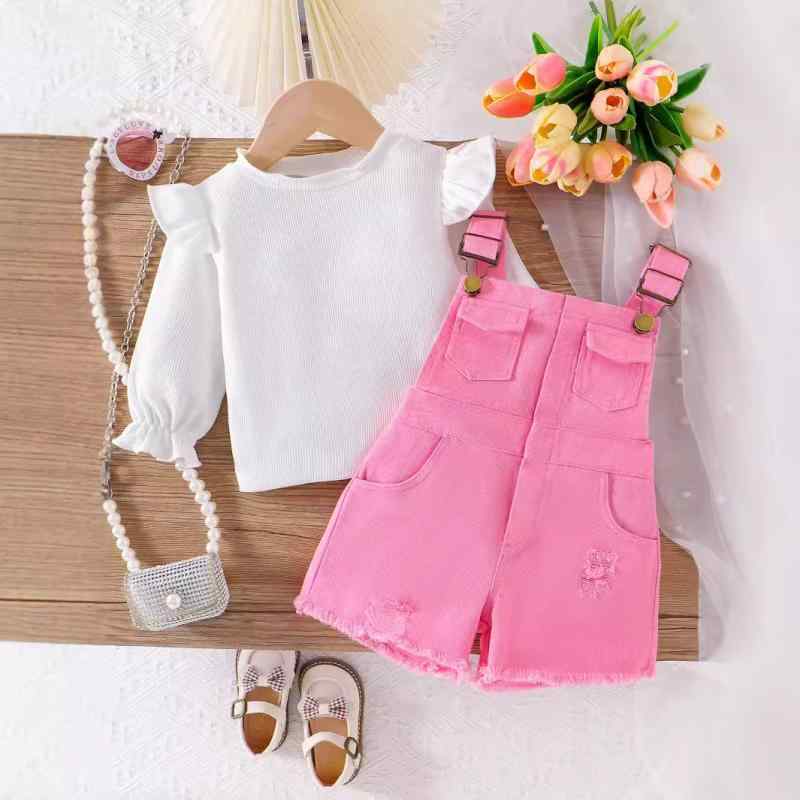 キッズ 女の子 セットアップ 上下セット 綿 デニム 無地 半袖 フリル袖 ブラウス サロペット ハーフパンツ 柔らかい お出かけ 普段着 秋冬 ピンク