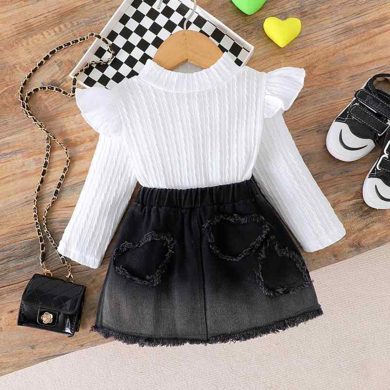 セットアップ ベビー 女の子 秋冬 フリル袖 プルオーバー リブトップス 白 ブラックグレー グラデーション デニムスカート ショート丈 上下セット かわいい ...