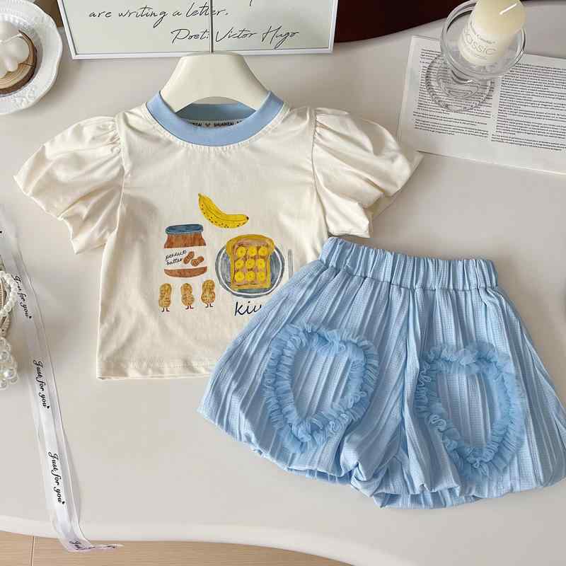 キッズ 女の子 ガールズ セットアップ 夏 2点セット プリントTシャツ トップス ギャザーショートパンツ 薄手 軽量 おしゃれ 肌触り良い コットン 綿混 ベージュ系 カジュアル 普段着