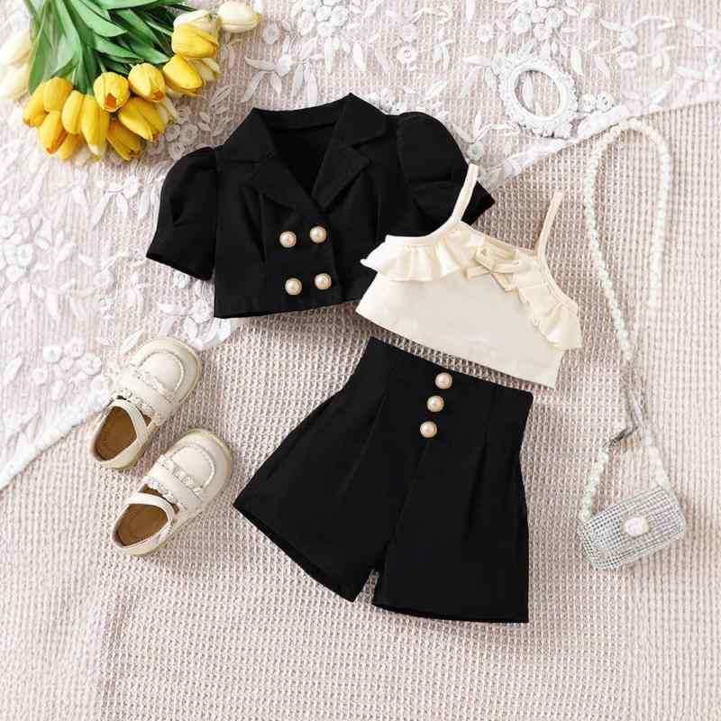 キッズ 女の子 春夏 欧米風 綿 コットン 薄手 3点セット セットアップ パフスリーブ 半袖トップス フリルインナー ショートパンツ ブラック 普段使い カジュアル