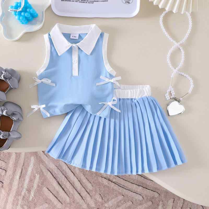 セットアップ 女の子 ベビー 幼児 欧米風 襟付き リボン ノースリーブ トップス プリーツスカート 綿素材 薄手 柔らかい ブルー 1歳 2歳 3歳向け 80...