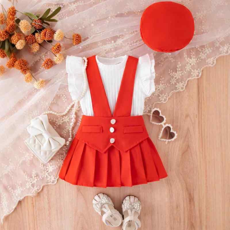 セットアップ 女の子 ガールズ ベスト フリルスリーブ 無地 リブ編み プリーツ ジャンパースカート サ..