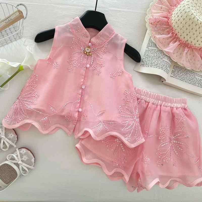 子供服 女の子 新チャイナ風 セットアップ キッズ ノースリーブ トップス ショートパンツ 2点セット 夏 薄手 涼しい おしゃれ かわいい 普段着 ピンク