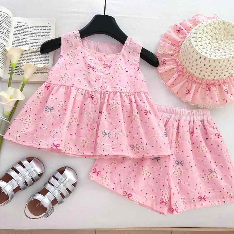 ショートパンツ 女の子 キッズ 夏 セットアップ ノースリーブ リボン 透かしデザイン かわいい 上下セット 短パン ハーフパンツ ポリエステル 普段使い お出かけ リゾート 鮮やかカラー 薄手 涼しい 快適