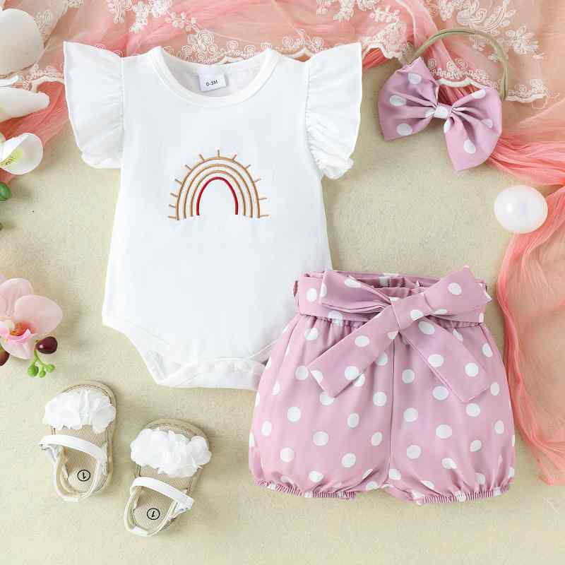 ベビー 女の子 新生児 ロンパース カバーオール レインボー刺繍 ドット柄 ショートパンツ 短パン ヘア..