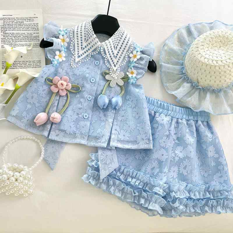 キッズ 女の子 セットアップ 夏 かわいい おしゃれ フライ袖 ベビー ドール ブラウス バックオープン ..