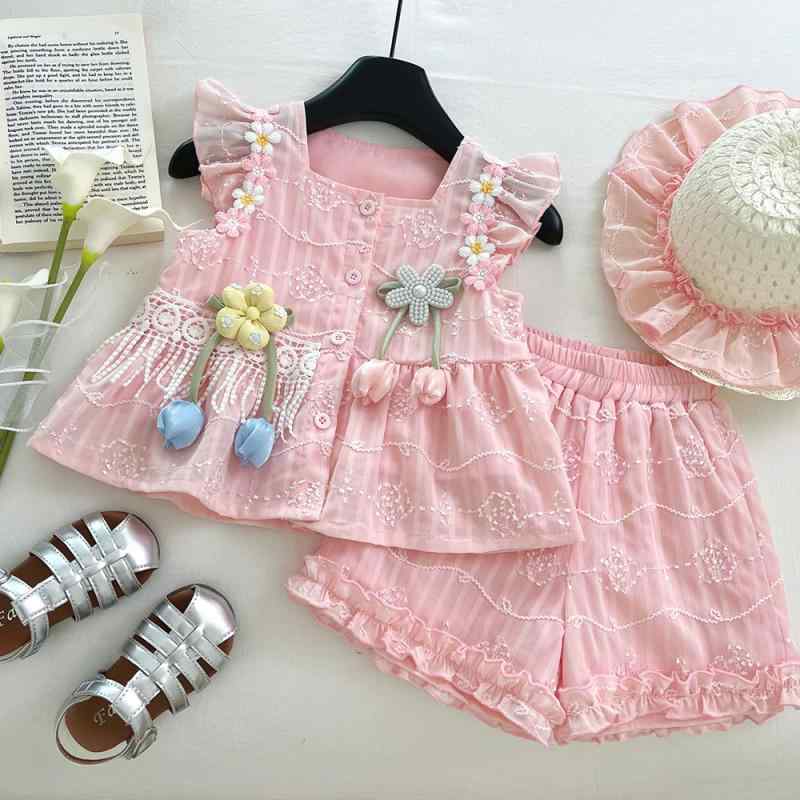 キッズ 女の子用 セットアップ 春夏 薄手 フリル袖トップス 花柄 レース使いショートパンツ ポリエステル 普段使い かわいい おしゃれ カジュアル 上下セット