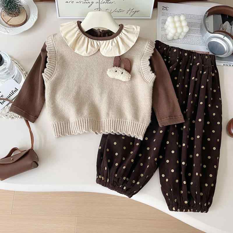 キッズ 女の子 パンツ セットアップ 3点セット 春秋 ニットベスト 長袖 インナーシャツ トップス ジョ..