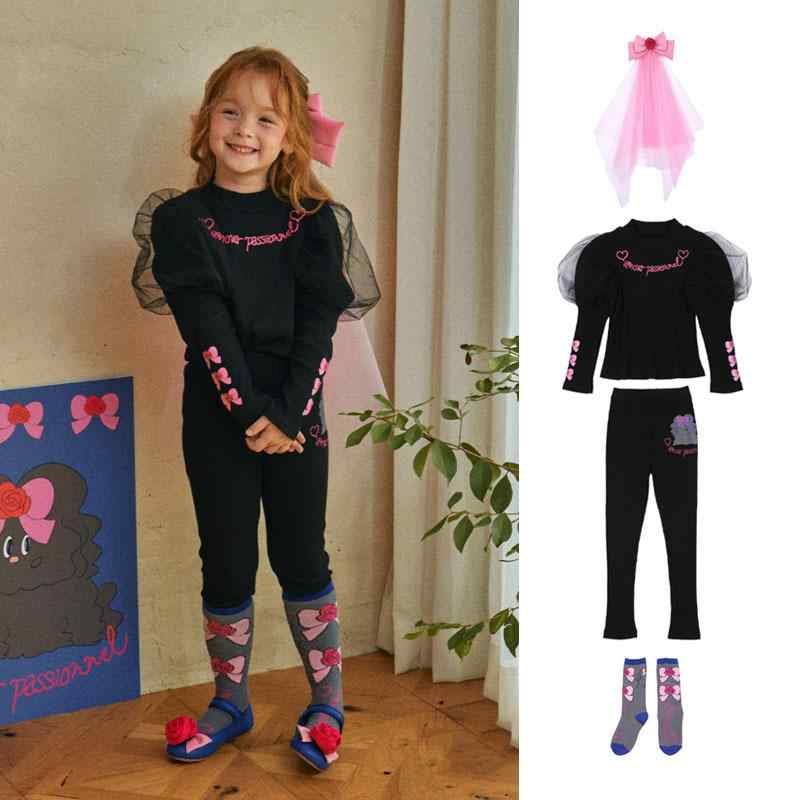 キッズ 女の子 春秋 パフスリーブ 長袖 トップス コットンTシャツ 長ズボン セットアップ 韓国風 かわいい キャラクタープリント ソフトタッチ カジュアル 普段使い 上下セット