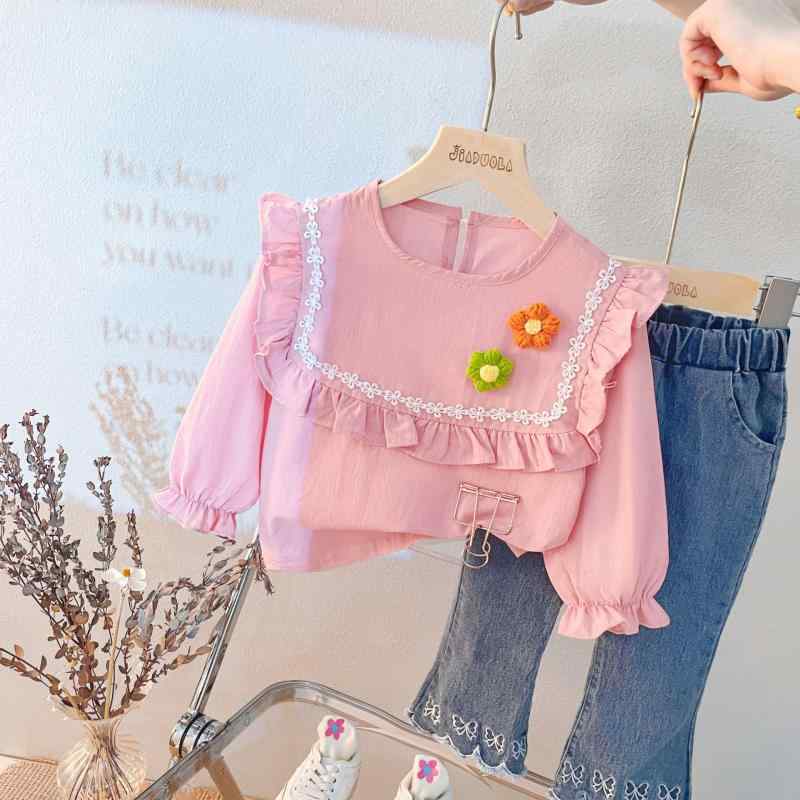 セットアップ ベビー 女の子 春秋 長袖 フリル ブラウス デニムパンツ ジーンズ 綿 コットン 2点セット お出かけ カジュアル かわいい 韓国風 ブルー イエロー ピンク
