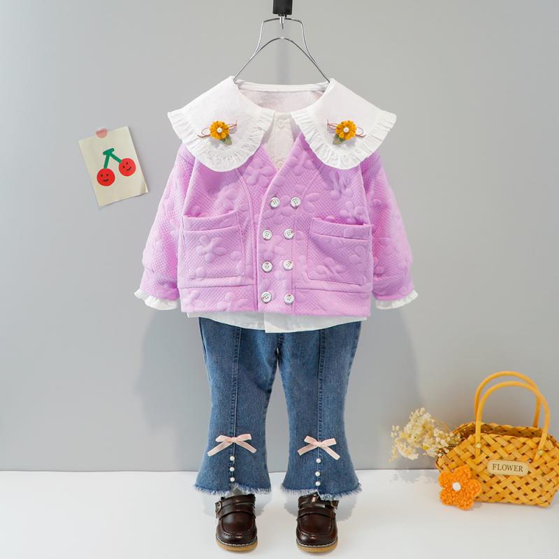 ・カテゴリ: キッズセットアップ・性別: 女の子・対象年齢: 1〜3歳・対応身長: 73cm、80cm、90cm、100cm、110cm・着用シーズン: 春、秋・スタイル: 韓国風・セットタイプ: パンツセット・セット内容: 3点セット・袖丈: 長袖・パンツ丈: 長ズボン・厚さ: 普通・主な素材: 綿90%・カラー展開: イエロー、パープル・デザイン要素: カーディガン、トレンド、股開閉可能・安全基準: Aクラス