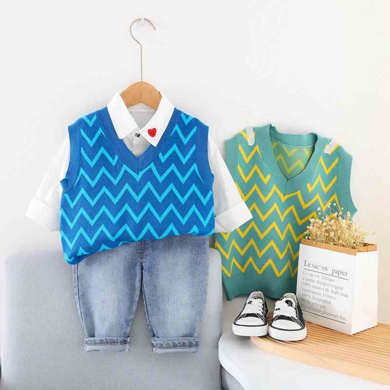 キッズ 男の子 ベビー 子供 長袖トップス パンツ ベスト 3点セット セットアップ ニット 保温 コットン 綿 韓国風 おしゃれ 秋冬 普段着 通園 お出かけ 80cm 90cm 100cm グリーン ブルー