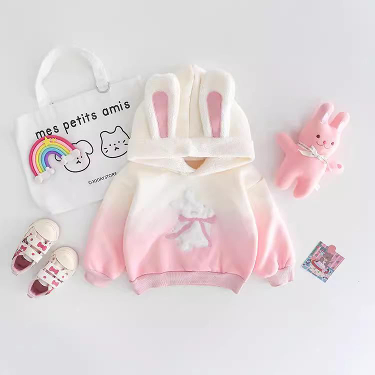 セットアップ キッズ 女の子 ベビー 子供服 裏起毛 厚手 フード付き トレーナー ロングパンツ 2点セット うさ耳 長袖 秋冬 綿 コットン キャラクター かわいい ピンク 韓国ファッション オルチャンスタイル