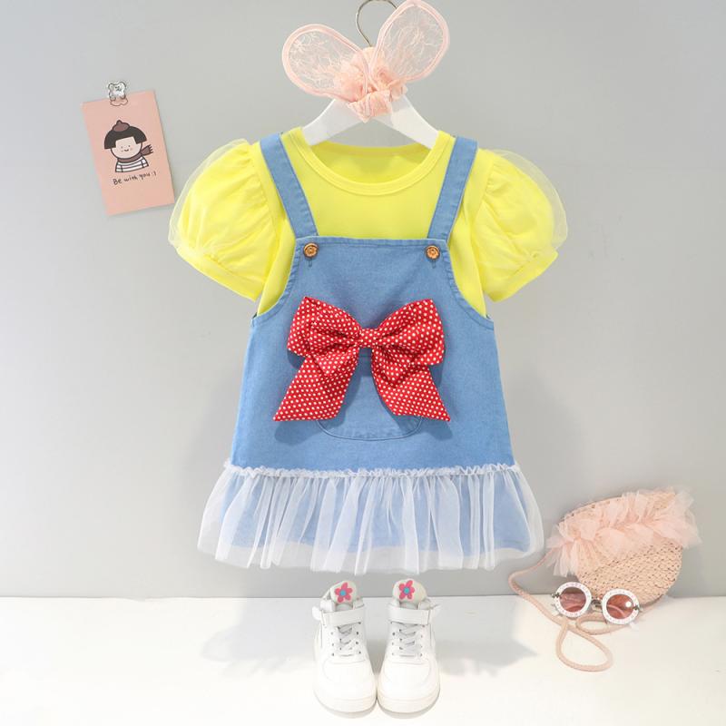 ベビー 女の子 セットアップ 韓国風 春夏 綿 コットン 薄手 パフスリーブ 半袖トップス サロペットスカート 2点セット かわいい リボン プリンセス おしゃれ ホワイト イエロー ピンク 1歳 2歳 3歳向け 80cm 90cm 100cm