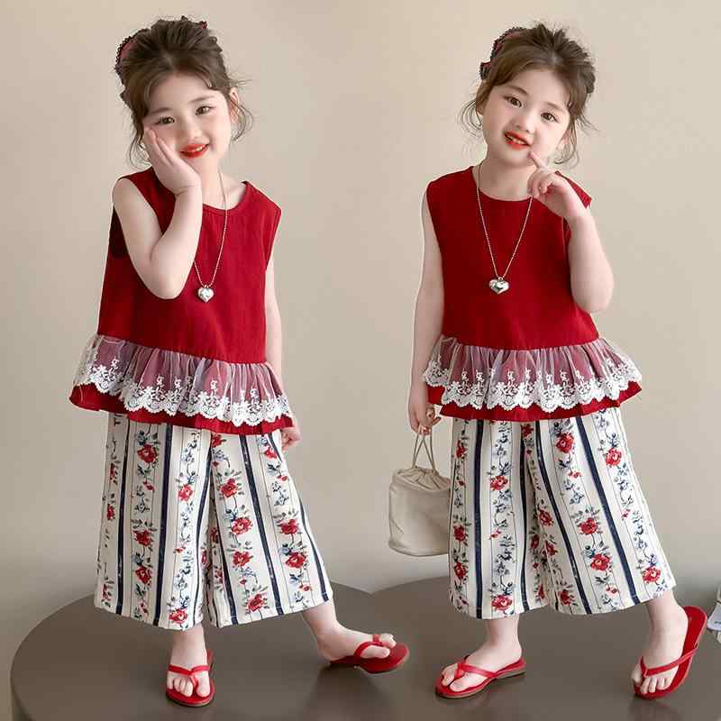 セットアップ ガールズ フリル タンクトップ 9分丈パンツ 2点セット カジュアル 薄手 綿 コットン ノースリーブ 春夏 無地 おしゃれ かわいい 幼児 小学生