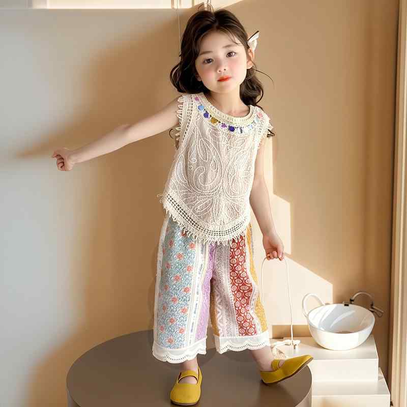 キッズ 女の子 ボヘミアン セットアップ ノースリーブ 九分丈パンツ 2点セット ポリエステル 薄手 涼しい おしゃれ カジュアル 普段使い リゾート 春夏