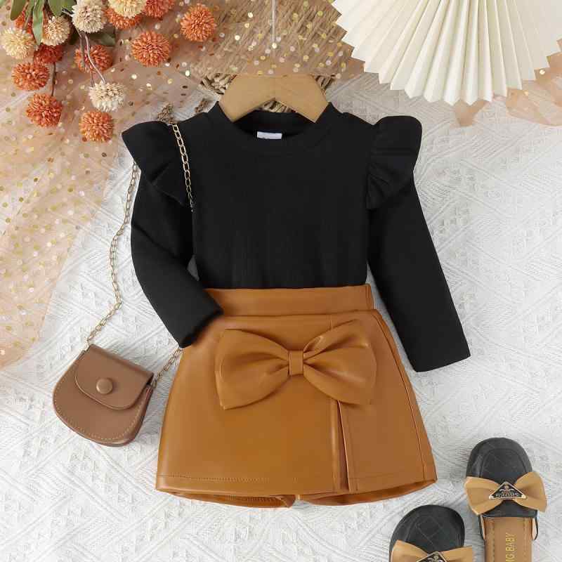 ベビー服 女の子 秋冬 欧米風 カジュアル 長袖 コットン 無地 トップス PUレザー 蝶結び スリットスカート セットアップ 上下セット ブラック 柔らか素材