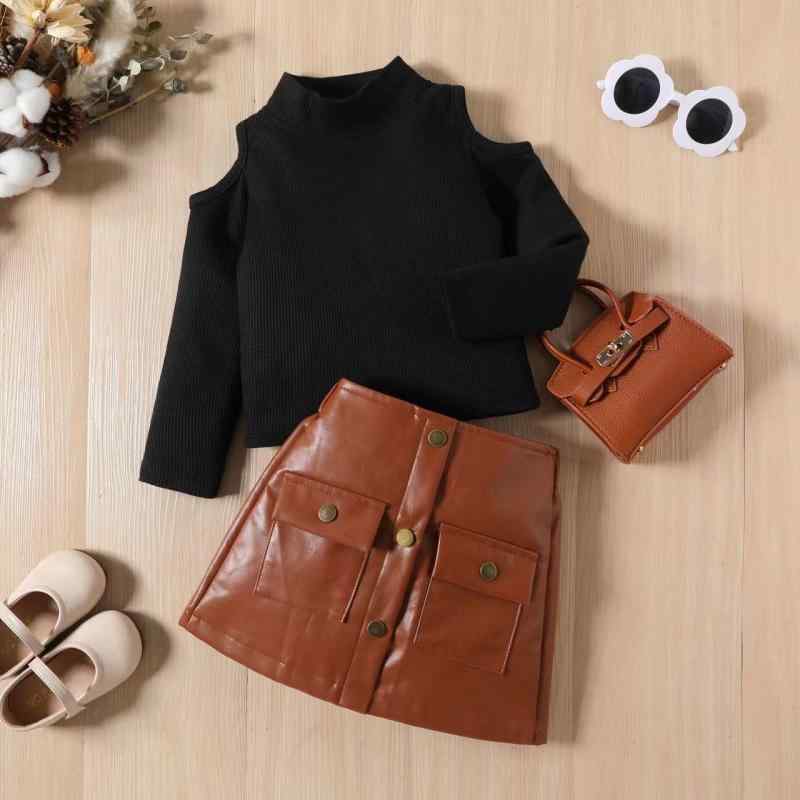 スカートセットアップ ガールズ キッズ 欧米風 秋冬 ハイネック オフショルダー 長袖トップス PUレザー ショートスカート トレンド 柔らかい肌触り お出かけ 普段着 ホワイト ブラック ブラウン グリーン