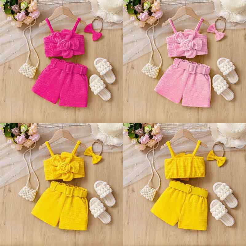キッズ 女の子 セットアップ 綿 立体花 フラワー キャミソール トップス ショートパンツ ボトムス ヘア..