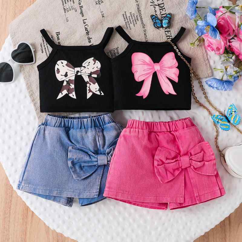 子供服 女の子 キッズ ベビー 春夏 かわいい セットアップ 上下2点セット リボン柄プリント ノースリーブトップス アシンメトリー キュロットスカート 短パン 綿素材 薄手 涼しい 接触冷感 普段使い お出かけ カジュアル ローズピンク ブルー