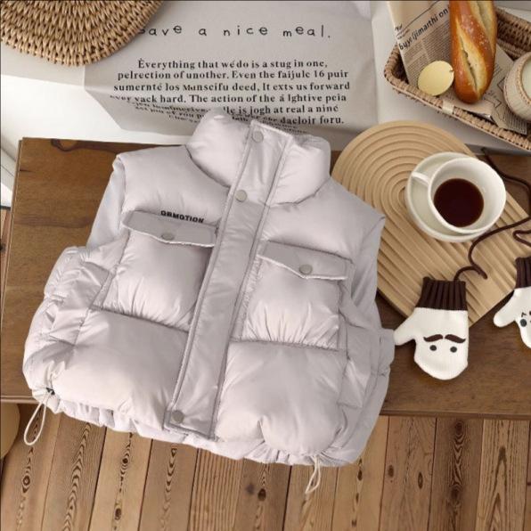 キッズ ベスト ショート丈 スタンドカラー 中綿 パデッド 保温 防寒 韓国ファッション カジュアル 普段使い 通学 秋冬 ジレ ブラック ホワイト