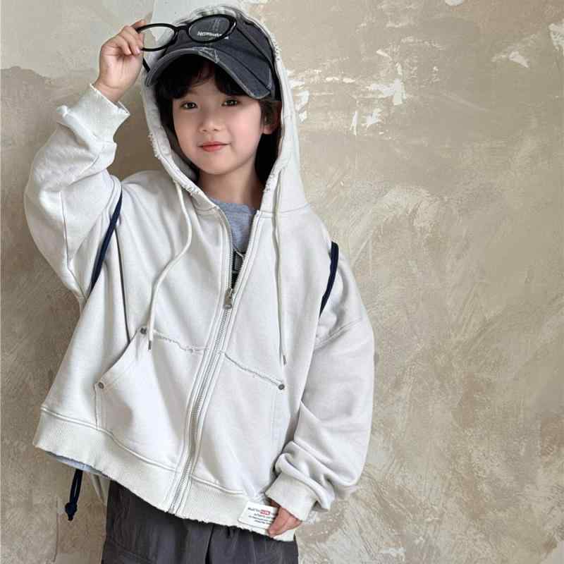 スウェットジャケット キッズ 男の子 女の子 男女兼用 フード付き ボタン留め 韓国風 レトロ ダメージ加工 ワッペン付き おしゃれ カジュアル 長袖 コットン 秋冬
