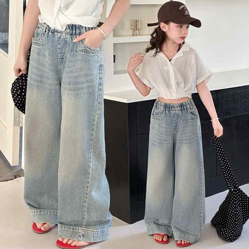 デニムパンツ 女の子 キッズ ジュニア 韓国風 ストレート ルーズ ハイウエスト フルレングス 綿 コットン 柔らかい 春秋 カジュアル ブルー 通学 普段使い