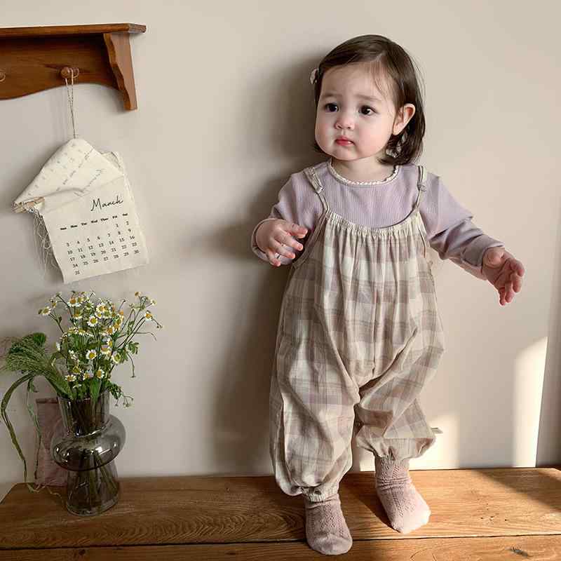 サロペット 女の子 ベビー キッズ 春夏 韓国風 チェック柄 コットン 綿 柔らか素材 股下スナップボタン..