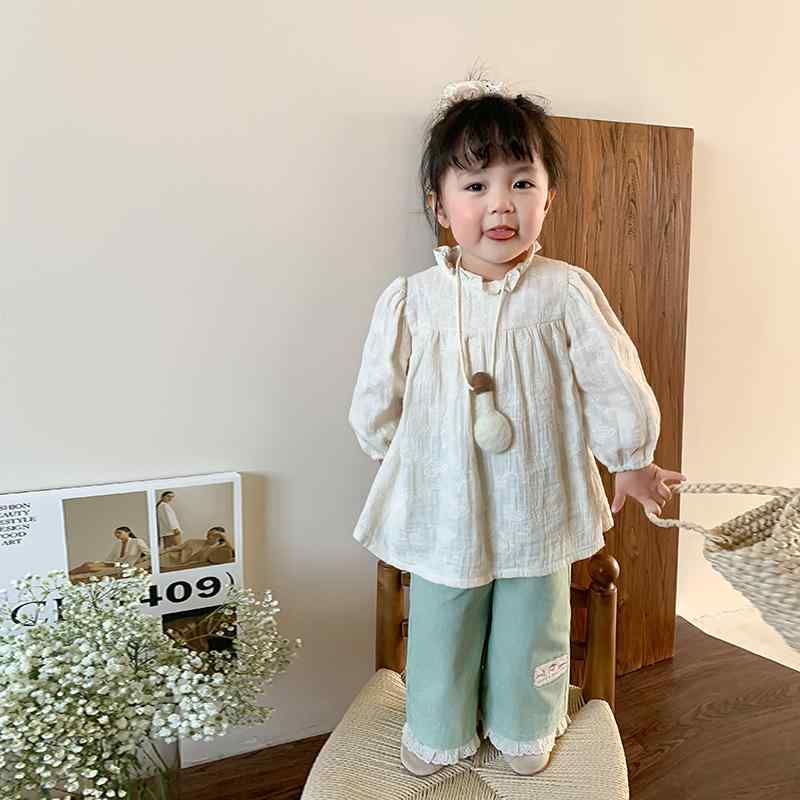 ベビー キッズ 女の子 上下セット 長袖 フリル襟 ジャガードブラウス 長ズボン プリーツデニムパンツ ..