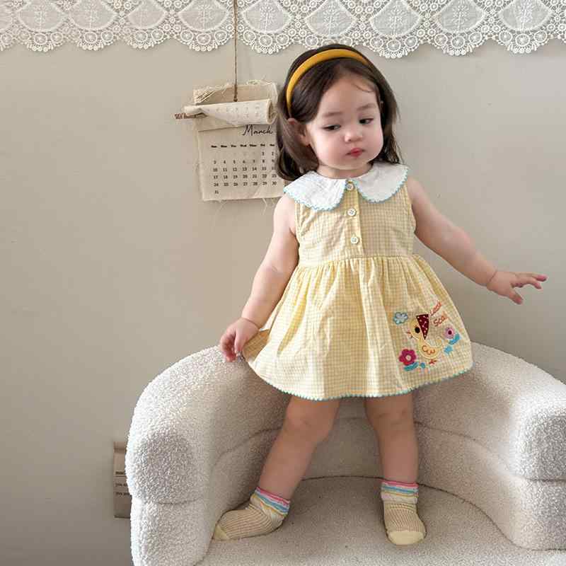 ロンパース ベビー 女の子 女児 プリンセス風 スカート付き 連体服 韓国風 春夏 コットン 綿 フリル かわいい 薄手 アヒル柄 イエロー系 お出かけ 普段使い