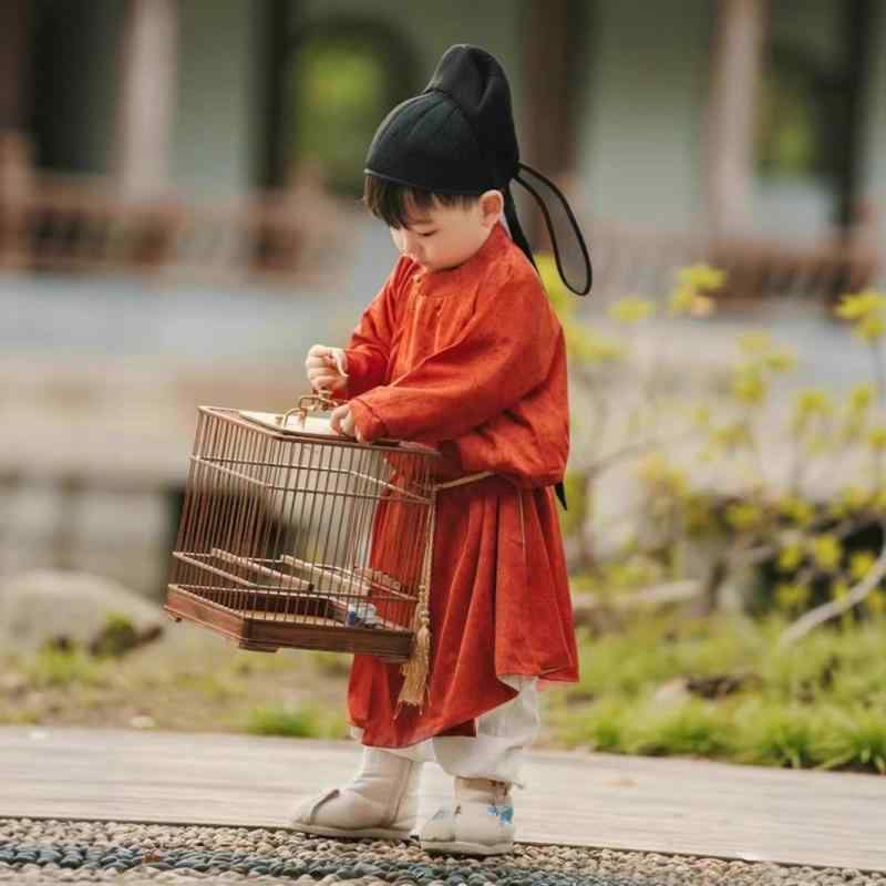 漢服 男の子 キッズ ベビー 唐装 中国風 中華 伝統衣装 古装 唐 円領袍 赤 レッド 丸襟ローブ 薄手 柔..