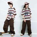 キッズ ダンス衣装 男の子 女の子 ヒップホップ ストリート系 上下セット 発表会 ステージ 衣装 半袖 Tシャツ カーゴパンツ ストライプ柄 コットン ニット...