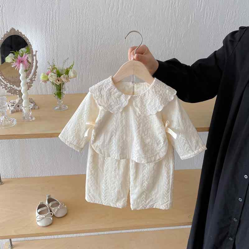 ベビー服 女の子 女児 レース襟 リボン トップス 長袖 ジャカード織り ワイドパンツ 綿 コットン 柔ら..