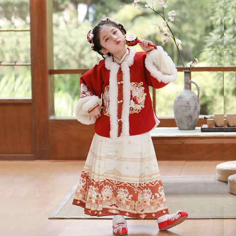 唐装 漢服 女の子 明代風 馬面スカート 厚手 裏起毛 祥龍柄 上下セット レッド 中華風 子供服 お正月 ..