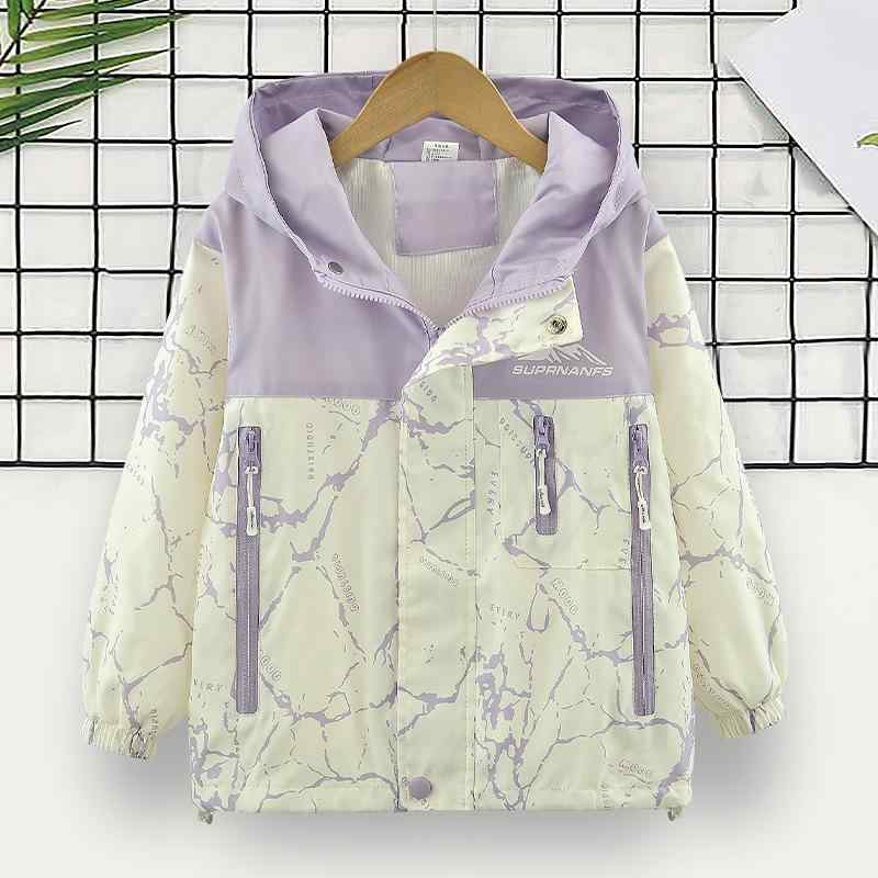 アウター 女の子 キッズ ジュニア ウインドブレーカー ジャケット フード付き 長袖 薄手 切り替え ポリエステル ジップアップ カジュアル おしゃれ 普段使い 春秋 パープル ピンク