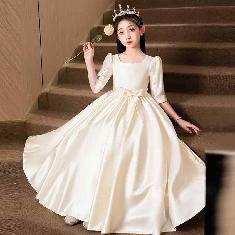 ドレス 女の子 フォーマル 結婚式 ピアノ発表会 演奏会 サテン ロング丈 プリンセスライン フラワーガール 高級感 エレガント ポリエステル 天然コットン シャンパンカラー