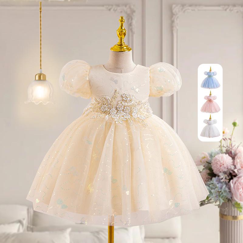 ドレス 女の子 子供用 パフスリーブ 花飾り ウエストマーク プリンセス イブニング フォーマル 発表会 結婚式 誕生日 パーティー ロングドレス かわいい フリル