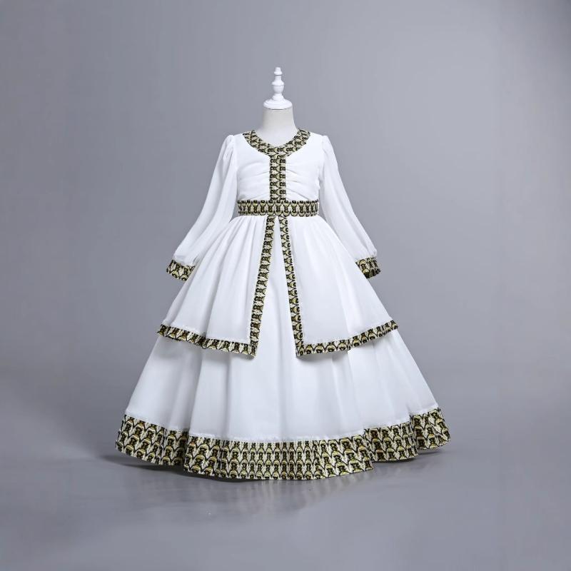 ロングドレス 女の子 キッズ レトロ 宮廷スタイル プリンセス エレガント フォーマル 多層 ふんわり ボリュームスカート 長袖 白 発表会 結婚式 パーティー 誕生日