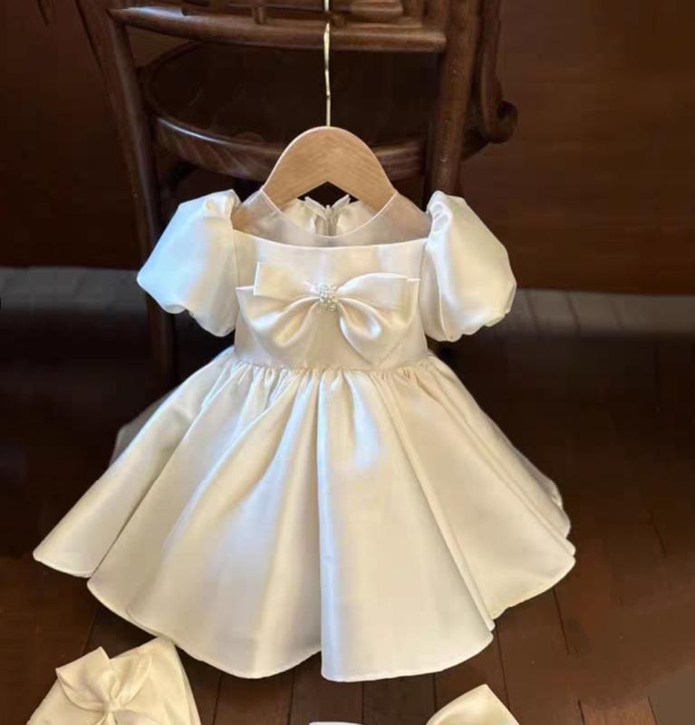 ドレス キッズ 女の子 ベビー フォーマル プリンセスドレス 100日祝い 1歳 誕生日 発表会 結婚式 フラワーガール リングガール ソフトサテン パフスリーブ 白 ポリエステル