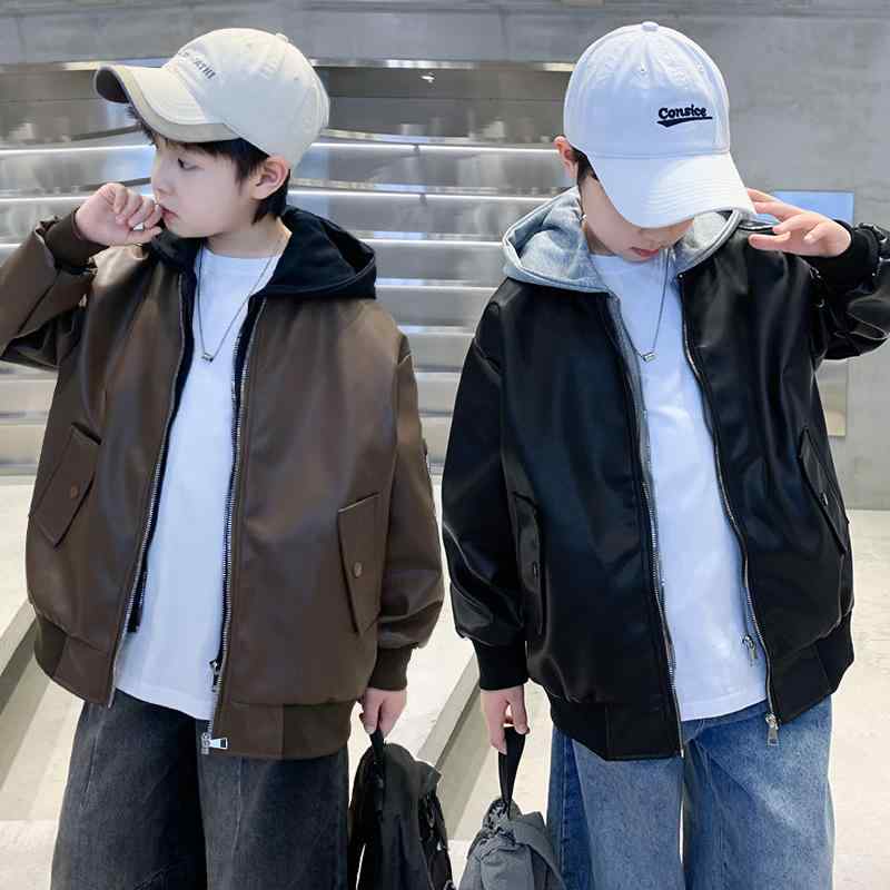 ジャケット 男の子 レザージャケット PUレザー フード付き ジップアップ 中長丈 おしゃれ カジュアル アウター 長袖 無地 ソフト 襟付き 普段使い 春秋