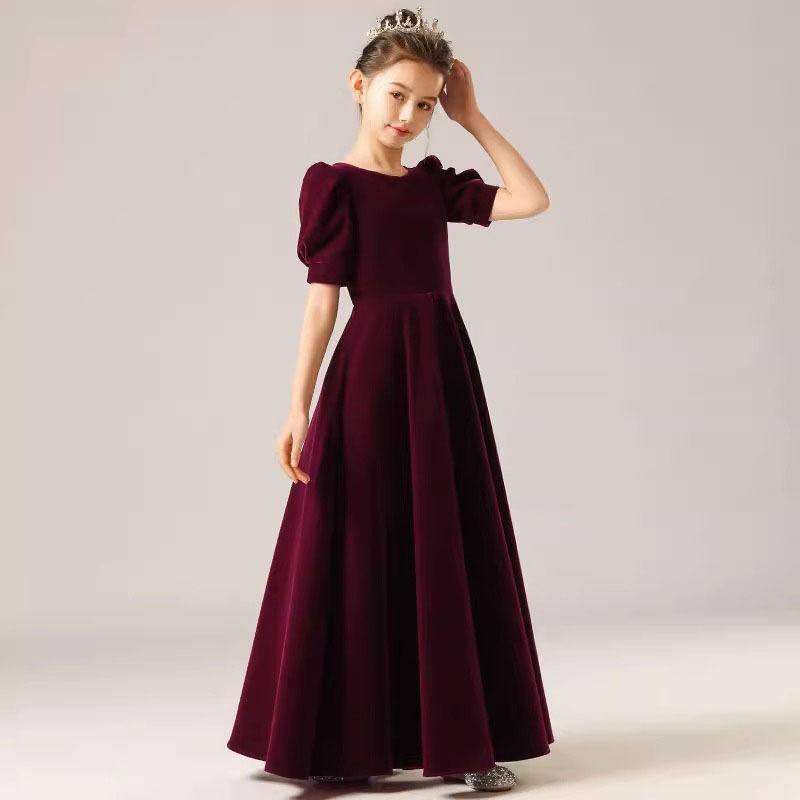 ドレス キッズ 女の子 ガールズ 高級感 フォーマル 上品 プリンセス 半袖 ミドルスリーブ 細見え ピアノ発表会 演奏会 声楽 合唱 朗読会 結婚式 パーティー 七五三 ベロア パフスリーブ