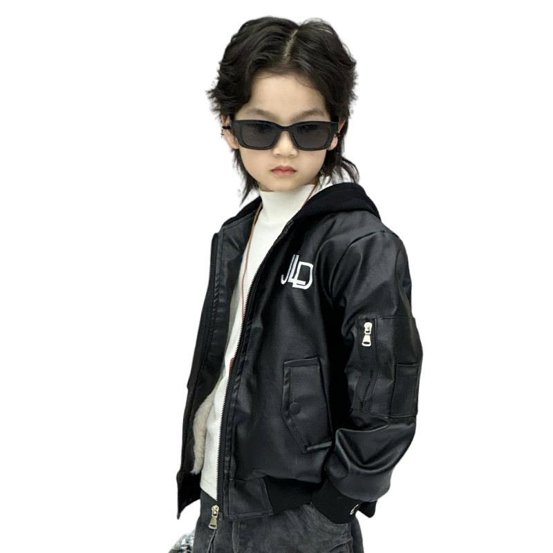 ジャケット 男の子 キッズ ジュニア PUレザー フェイクレザー 裏起毛 フリース 厚手 保温 防寒 フード付き ジップアップ 秋冬 カジュアル 韓国ファッション おしゃれ ブルゾン