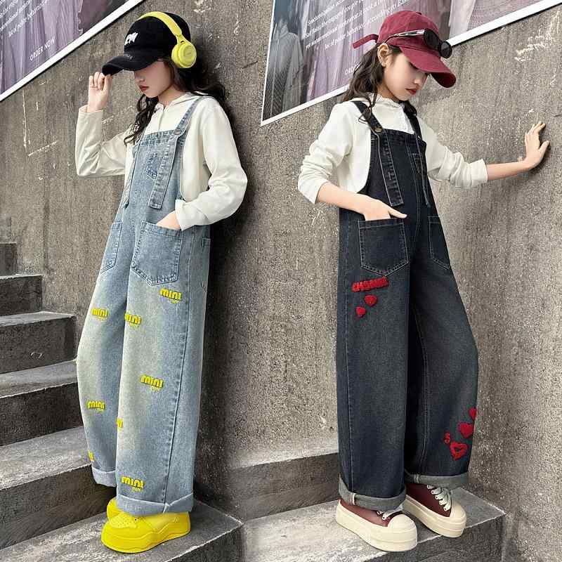 オーバーオール 女の子 キッズ 小学生 中学生 デニム ワイドパンツ ロング丈 韓国風 カジュアル 春秋 綿 ソフトタッチ サンドウォッシュ ミドルウエスト ウエストゴム トレンド