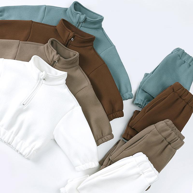 キッズ 男女兼用 秋冬 フリース 綿 柔らか素材 韓国風 カジュアル ハイネック ハーフジップ トップス ジョガーパンツ 裾絞りパンツ 上下セット 普段着 部屋着