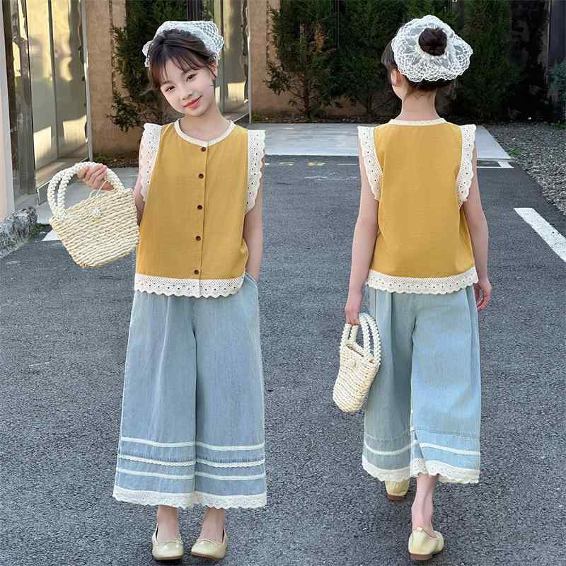 ブラウス 女の子 女児 キッズ 子供 ノースリーブ レース フリル 切り替え ショート丈 ベスト風 トップス 綿 コットン 薄手 涼しい 上品 おしゃれ 普段使い カジュアル 春夏