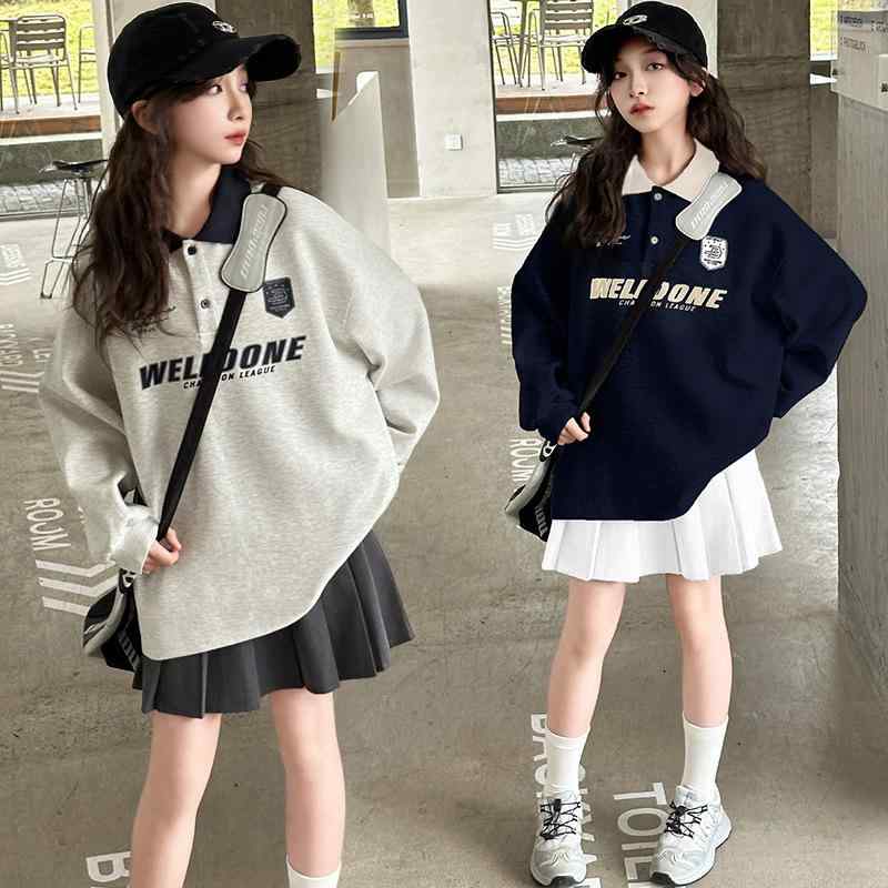 トレーナー 女の子 ガールズ 中大キッズ 長袖 スクール風 ポロシャツデザイン ロゴプリント スポーツ カジュアル コットン 綿 柔らか 快適 普段使い 通学 春秋 グレー ネイビー