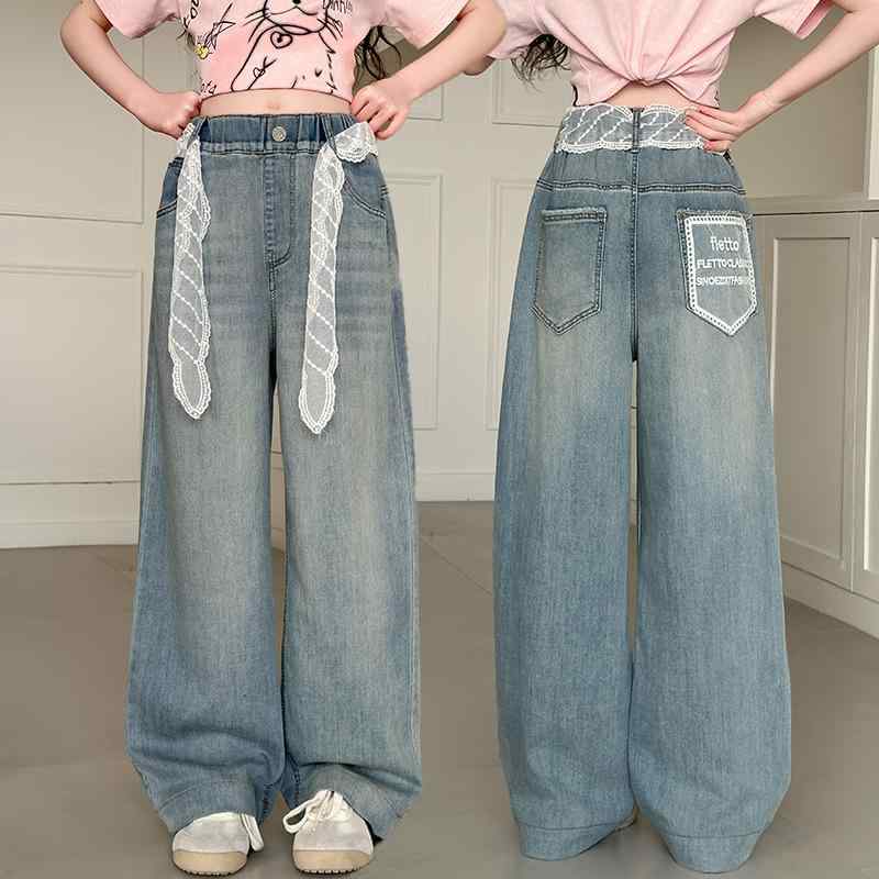 デニムパンツ 女の子 キッズ ハイウエスト ゆったりワイド カジュアル ジーンズ ストレート 薄手 綿 ブルー 春夏 涼しい 通学 普段使い
