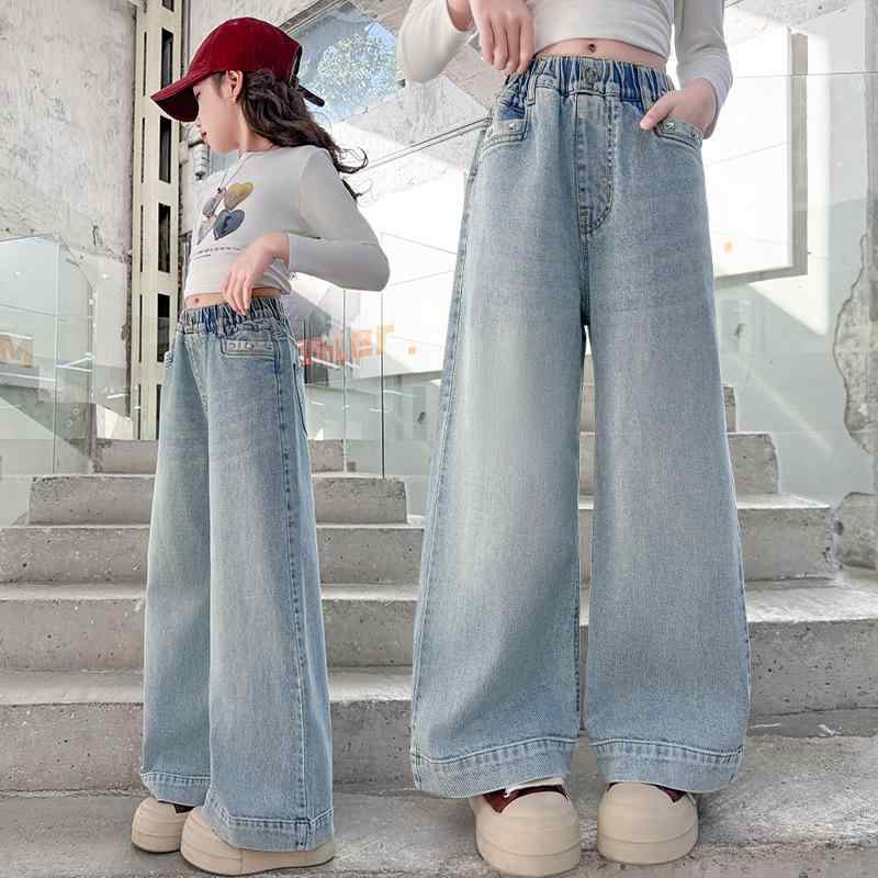 デニムパンツ ジーンズ ガールズ ジュニア 春夏 ストレート ワイドシルエット おしゃれ カジュアル ゆったり ロング丈 綿 コットン ブルー 小学生 中学生 通学 普段着 ベーシック
